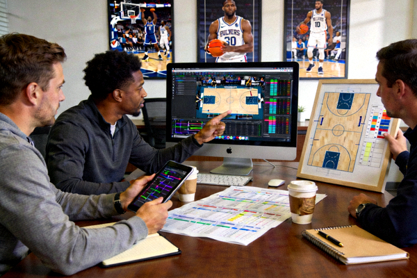 篮球数据团队工作照，成员在办公室讨论篮球数据分析