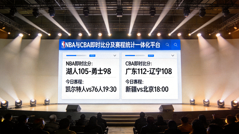 全球篮球数据中枢升级发布会现场，大屏幕展示NBA与CBA即时比分及赛程统计一体化平台界面