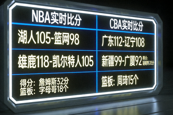 全球篮球数据平台展示屏幕，显示NBA和CBA实时比分与数据统计